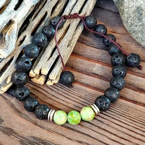 Chakra Bracelet Green Aqua Terra Jasper Black Lava Stones - Picture 3 of 7